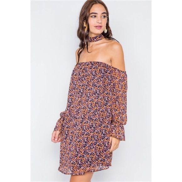 NAVY MUSTARD FLORAL PRINT SHEER MINI DRESS - Picture 4 of 5